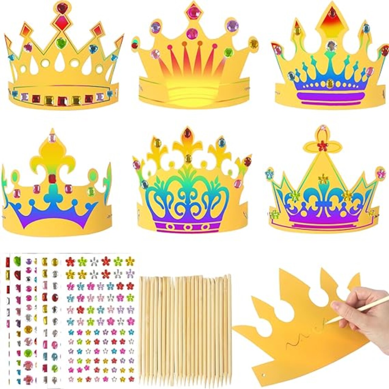 78PCS Paper Crowns for Kids to Decorate Scratch DIY Gold Paper Crown Craft Decorating Kit for Party